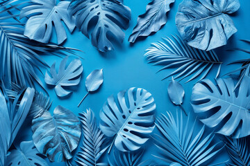 The image features various tropical leaves arranged on a blue background, all colored in shades of blue, creating a monochromatic and artistic look