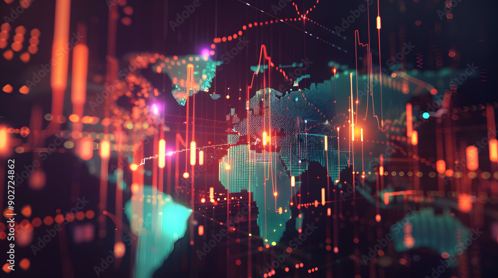 Poster a digital representation of global financial data and market trends, featuring a world map with data