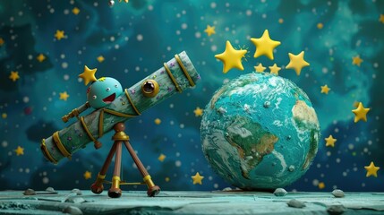 Naklejka premium 3D Earth character with telescope, exploring a star-filled galaxy, playful space art