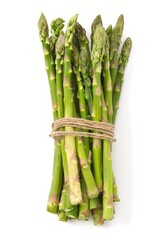 Fresh asparagus spears tied together on a clean white surface, ready for cooking or display