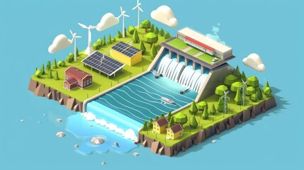 Isometric scene showing different types of renewable energy, including hydropower