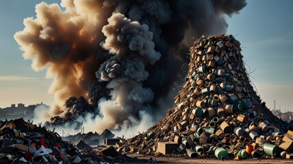 A huge pile of household garbage over fifty meters high, smoldering