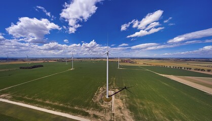Elektrownia wiatrowa - wiatraki na tle błękitnego nieba z chmurami © arteffect.pl
