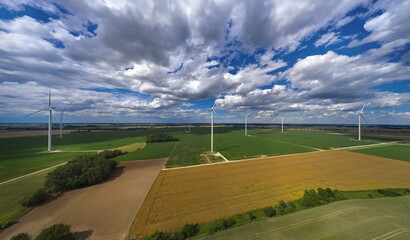Elektrownia wiatrowa - wiatraki na tle błękitnego nieba z chmurami © arteffect.pl