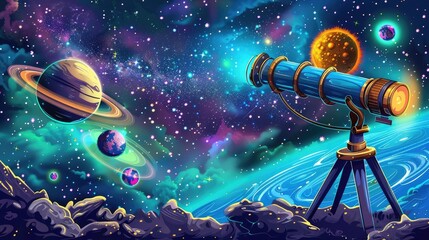 Naklejka premium Cartoon Earth with telescope, observing stars and galaxies, vibrant and fun space scene--no blur, grunge, splash, dust