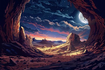 Fototapeta premium Desert Canyon Landscape with Moon and Stars