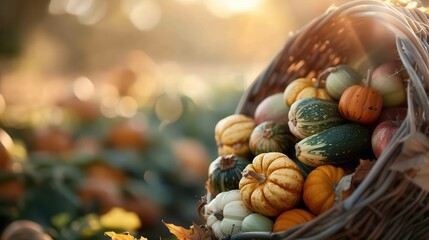 Fototapeta premium An outdoor scene with a wicker basket filled with miniature pumpkins and assorted gourds, capturing the essence of autumn and the beautiful, natural setting surrounded by greenery.