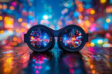 Binoculars with city lights reflection highlighting exploration and adventure in an urban setting.