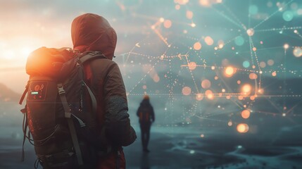 A traveladventurethemed image of an AI assistant helping a traveler with navigation, more clarity with clear light and sharp focus, high detailed