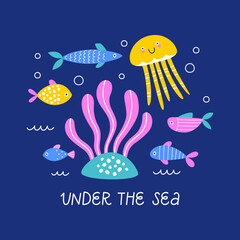 Postcard with different sea animals and seaweed. Handwritten inscription 