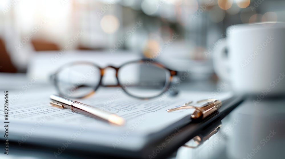 Poster an elegant image showing reading glasses resting on an open book with a gold pen laying close by, ev