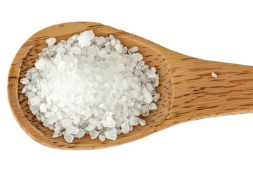 A close-up shot of a wooden spoon filled with sea salt on a white background, perfect for food and cooking related images