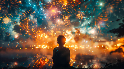 Silhouette of a person watching a vibrant fireworks display against a night sky filled with colorful explosions, evoking celebration and awe.
