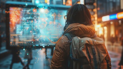 Fototapeta premium A traveladventurethemed image of an AI assistant helping a traveler with navigation, more clarity with clear light and sharp focus, high detailed