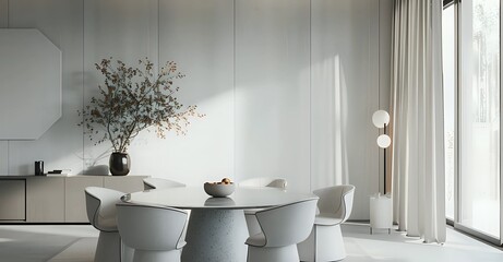 Serene Grey and White Minimalism: Expansive Open Concept Dining Room. side angle