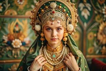 A beautiful girl in a traditional Russian national costume. The portrait symbolizes the traditions of Russia and the beauty of the Russian people.