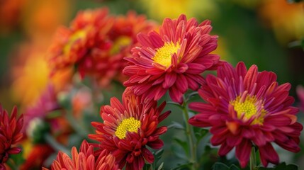 Vibrant red purple chrysanthemums with yellow centers on a blurred close up background Bright autumn blooms in the garden with space for copy