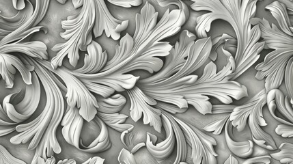 White relief floral pattern. Nature-inspired decoration. A pale grey acanthus pattern. Decorative carving