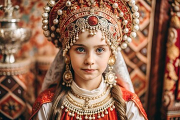 A beautiful girl in a traditional Russian national costume. The portrait symbolizes the traditions of Russia and the beauty of the Russian people.