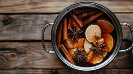 A pot filled with aromatic ingredients such as star anise, cinnamon sticks, and lemon slices, simmering on a wooden surface, creating a cozy and fragrant atmosphere.