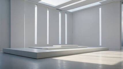 Minimalist Gallery with Sunlit White Pedestals
