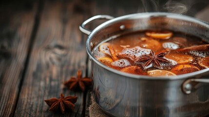 A steaming pot on a wooden surface, filled with a blend of spices and herbs such as star anise and cinnamon sticks, creating a cozy, aromatic, and inviting ambiance.