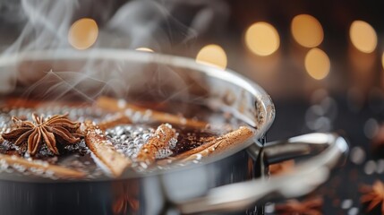 A steaming pot filled with a fragrant concoction of spices, including cinnamon sticks and star anise, creating an inviting aroma in a cozy, warm atmosphere.