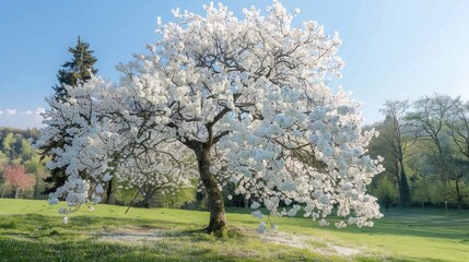 Cherry tree in bloom with lovely white flowers spring scenery