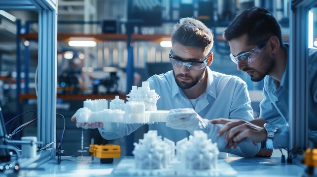 Workers examining products made with additive manufacturing