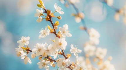 Obraz premium Cherry tree branch in bloom against blue sky