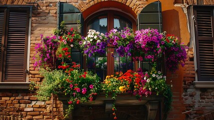 Cozy balcony with colorful flowers in a brick house