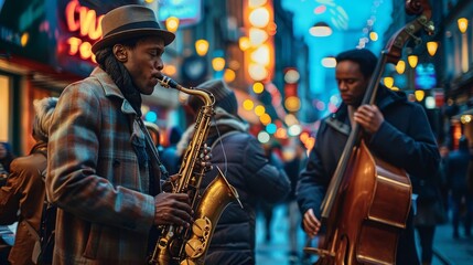 Jazz musicians performance in a vivid twilights street. Jazz Appreciation Month. Black people music