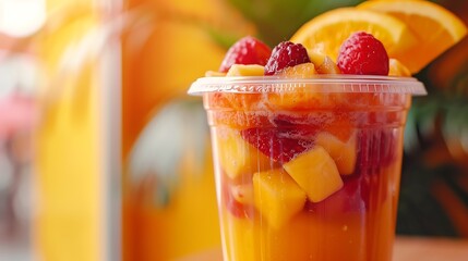 "Vibrant close-up of a fresh fruit smoothie in a clear container, great for healthy lifestyle and nutrition content"
