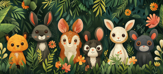 animal rights campaign, beautiful world animal day banner adorned with charming animal designs against a backdrop of lush greenery, creating a feeling of happiness and festivity