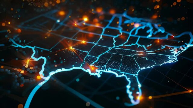 A stunning, glowing digital representation of the United States map, particularly highlighting the vibrant East Coast