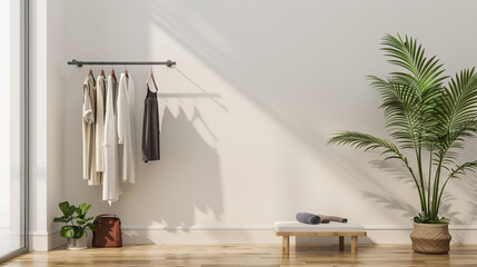 Modern wardrobe setup featuring neatly arranged clothing and accessories, showcasing a minimalistic and organized approach to wardrobe design with stylish storage solutions