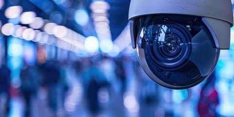 Obraz premium Close up of security camera on blue background, modern security camera cctv