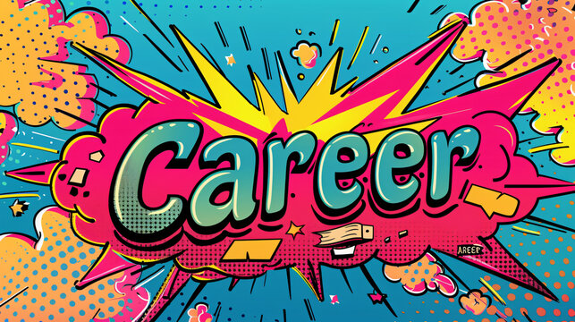 Vibrant comic book-style illustration featuring the word career bursting onto a blue backdrop