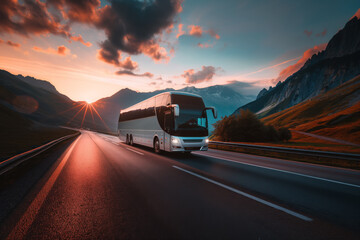 White double-decker bus driving on a mountain road at sunset, illustrating scenic travel and public transportation in rural areas