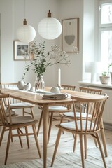Fototapeta premium Minimalist Scandinavian dining room with wooden furniture and modern decor