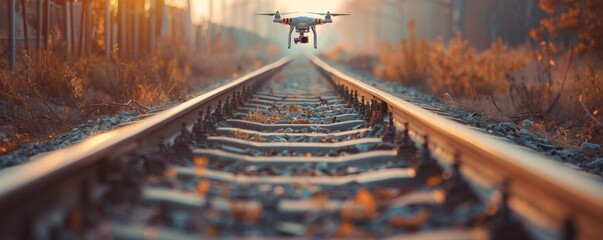 Drone flying over railway tracks during sunrise in a serene autumn landscape