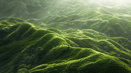 Naklejka premium Green hills basked in morning sunlight