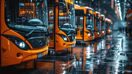 Buses lined up in a depot, essential for public transport themes.