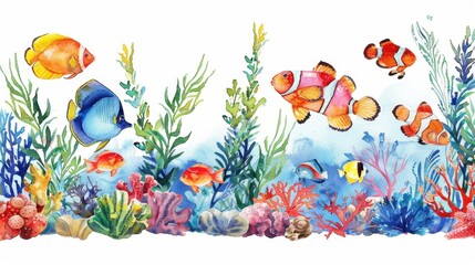 Vibrant sea life watercolor border with colorful fish, corals, and underwater plants.