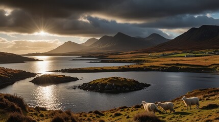 Fototapeta premium A sheep is standing on a hill with a lake in the background