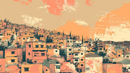 Obraz premium Risograph halftone riso print travel poster, card, wallpaper or banner illustration, modern, isolated, clear, simple of Zahle, Lebanon