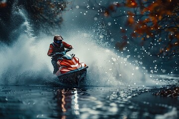 Fototapeta premium A man is riding a red water ski on a lake