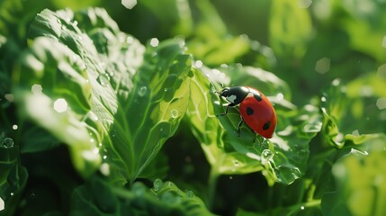 "Close-up of a ladybug crawling on a green leaf in a garden, perfect for nature photography and insect close-ups"