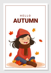 Autumn postcard with a girl sitting among the autumn foliage and the inscription Hello autumn. Autumn, landscape, nature. Vector illustration.