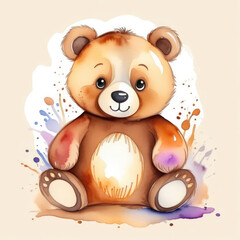 Obraz premium Watercolor Illustration Stuffed Toy Brown Bear